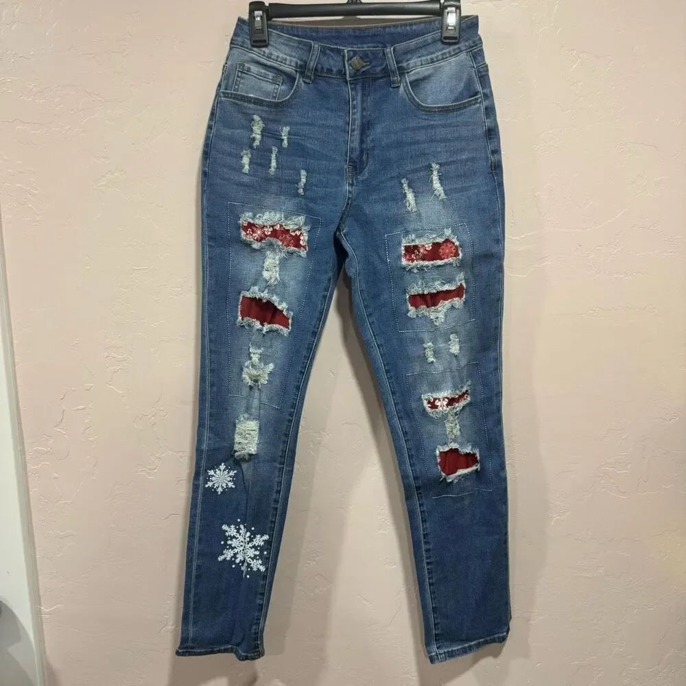 Jeans Wear Christmas Snowflake Distressed Denim Skinny Jeans size small